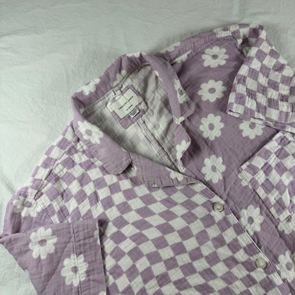 American Eagle Women's XXL Purple Floral Checkered Gauze Cotton Button Up Top